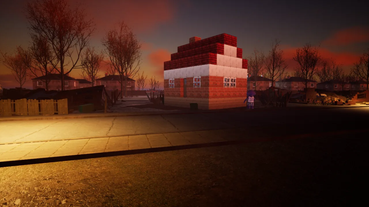 A block cottage on a cleared plot at dusk, beside the real ruined street