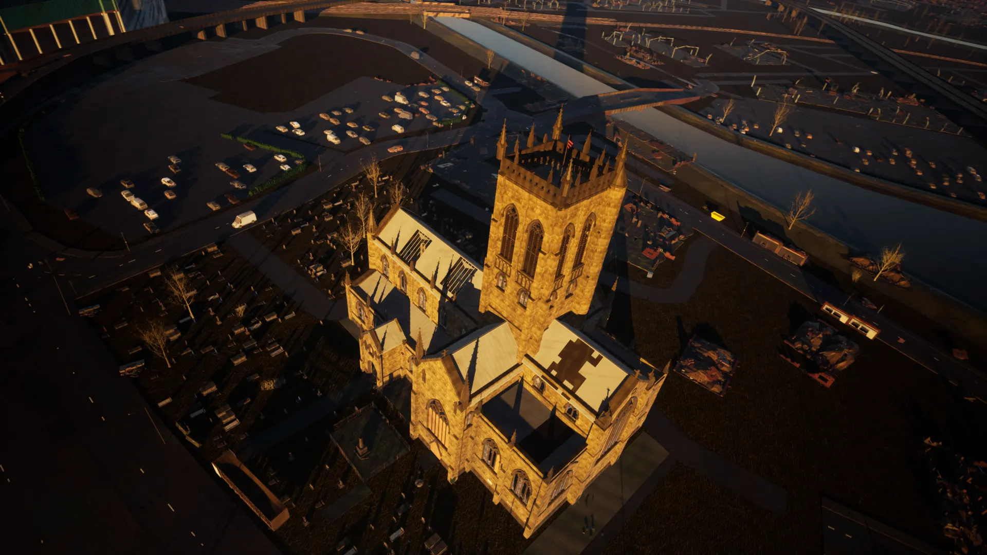 Doncaster Minster lit gold by the rising sun, from the game's drone film