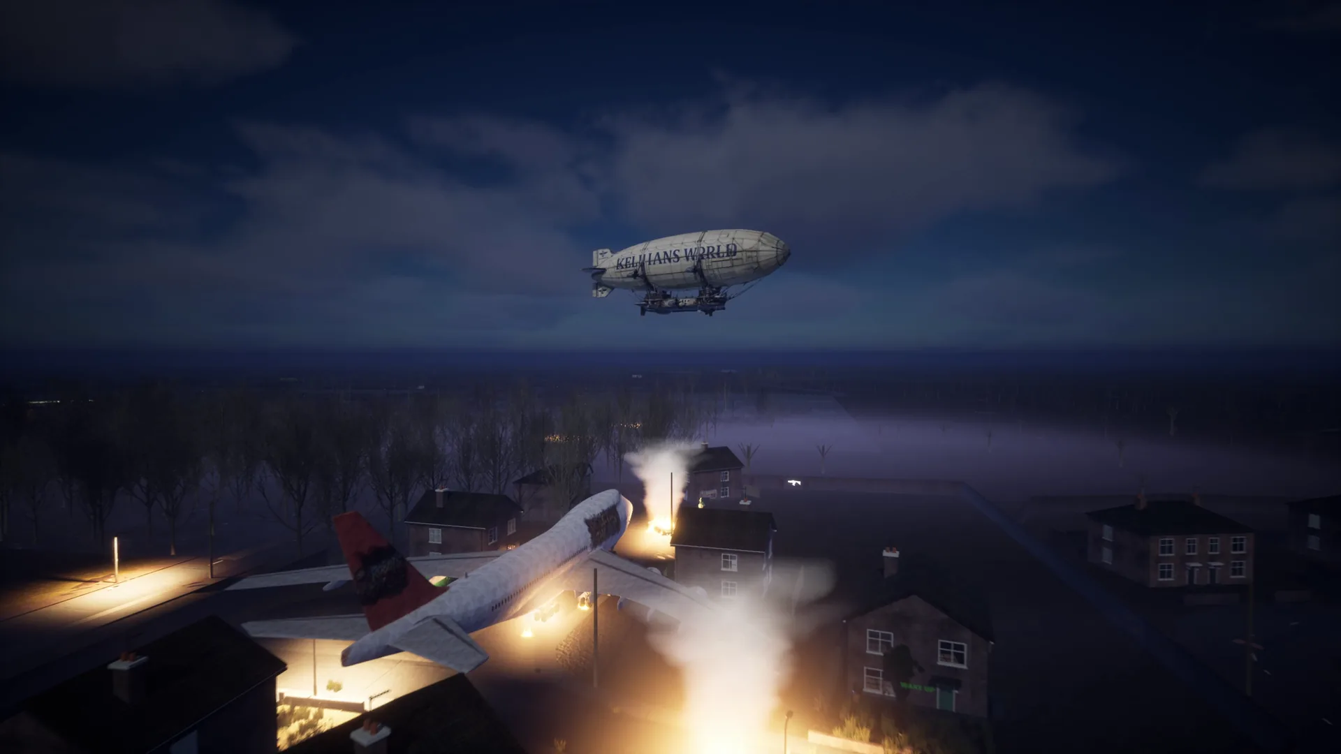 The grounded 747 smouldering among the houses at night, with an airship drifting overhead