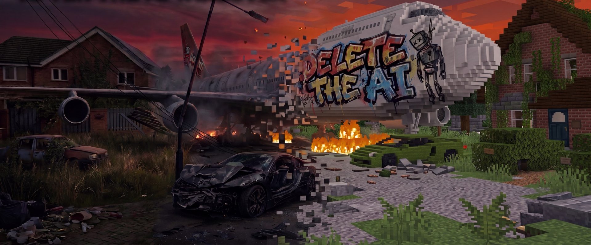 Key art: a ruined street at dusk turns into blocks across a grounded passenger jet sprayed with DELETE THE AI