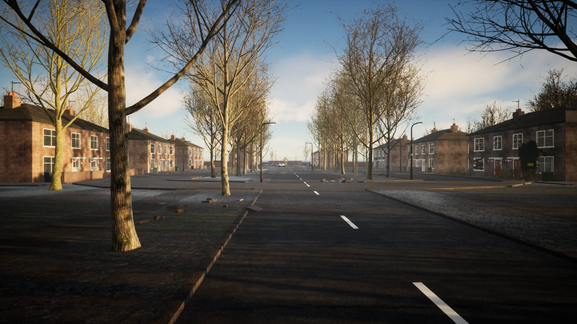 A view along Lancaster Avenue, with brick houses, verges and bare trees