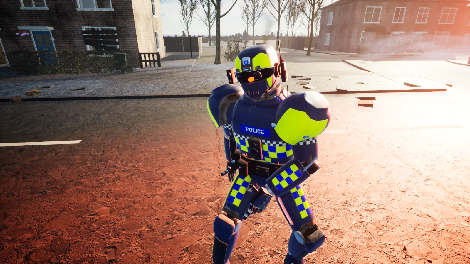 A LawBot in its navy armour and chequered hi-vis vest, with one red eye, in a street of brick houses