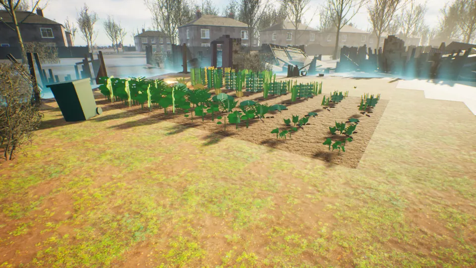 Rows of crops growing on a cleared block plot, with ruined houses beyond its glowing edge