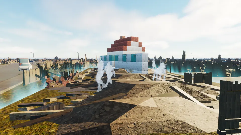 Pale see-through robots walking past a block house on a cleared plot, with a blue shimmering edge round the plot