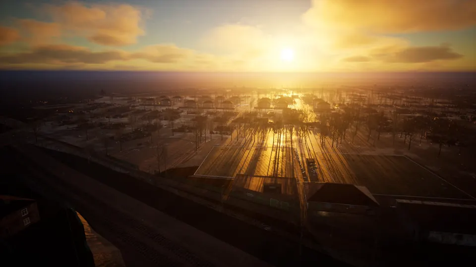 The sun rising over miles of ruined Doncaster rooftops