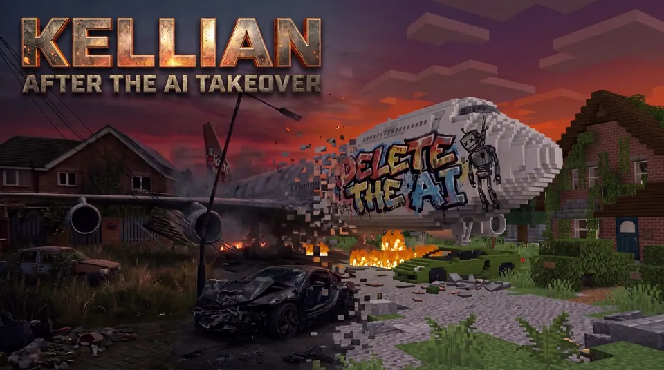 Title artwork: a ruined street at dusk turning into blocks across a grounded passenger jet sprayed with DELETE THE AI, with the game's logo