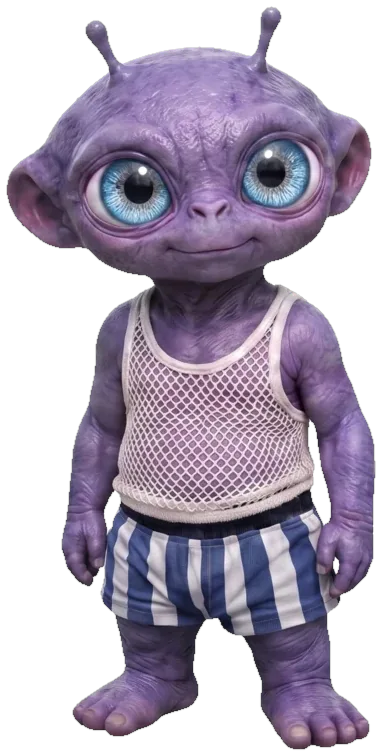 Kellian, a little purple alien with big blue eyes, wearing a white vest and blue-and-white striped shorts