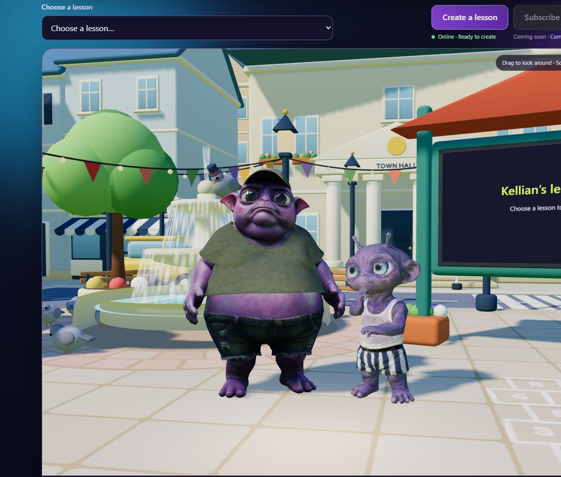 Kellian and Kevlian in the interactive town square lesson window
